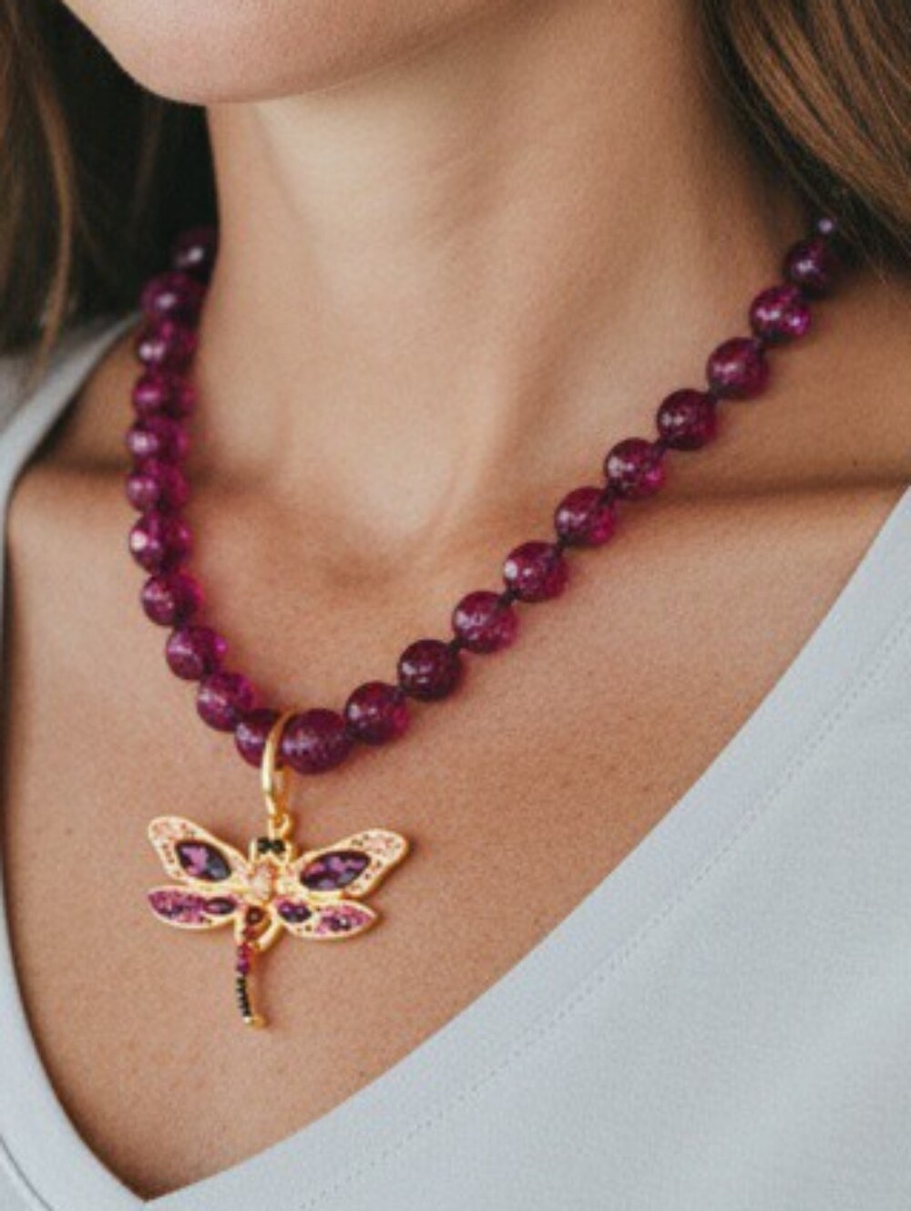 Chunky Purple Beaded Dragonfly Charm Necklace Whimsigoth Naturecore Whimsical